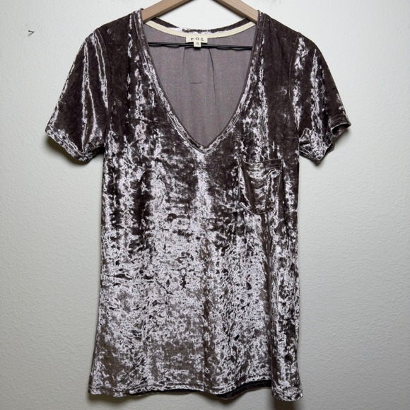 POL Tops - POL Women Crushed Velvet Top Small Tan V-Neck Pocket Short Sleeve Indie Sleaze
